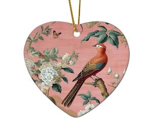 Chinoiserie Décorations de Noël en forme de paon floral rose pâle faisans, hortensia, camélia, cadeau souvenir de sapin de Noël à suspendre en céramique double face pour voisins amis