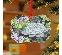 Chinoiserie Fleur de pivoine verte et grise Décoration de sapin de Noël Scénique asiatique Rustique Souvenir en acrylique transparent Turquoise Vert sarcelle Souvenir floral pour décoration de sapin