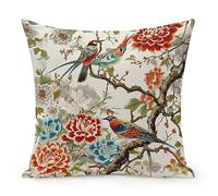 Chinoiserie Housse de coussin carrée décorative avec fermeture éclair pour salon, chambre à coucher, canapé, chaise, décoration d'intérieur - 66 x 66 cm - Motif pivoine rouge turquoise