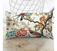 Chinoiserie Housse de coussin lombaire motif arbre pivoine et oiseau floral corail turquoise botanique housse de coussin classique décorative pour canapé, lit, chaise, maison 30,5 x 50,8 cm