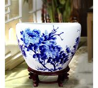 Chinoiserie Jingdezhen Réservoir de Poissons en Céramique Pot de Tortue Peint à la Main en Porcelaine Bleue et Blanche Pivoine Nénuphar Pot de Fleur de Lotus Réservoir de Peinture avec Base