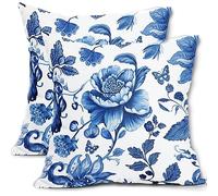 Chinoiserie Lot de 2 housses de coussin carrées en coton et lin à motif floral pour extérieur, canapé, chambre à coucher, décoration d'intérieur, 45,7 x 45,7 cm, bleu et blanc