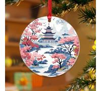 Chinoiserie - Pagode asiatique blanche et bleu corail - Ornements à suspendre - Turquoise - Rond - Disques acryliques transparents - Toile chinoiserie - Souvenir floral oriental pour décoration de