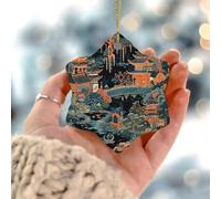 Chinoiserie Pagode Asiatique Charbons de bois Corail Ornements de Noël Fleur Inspiration Asiatique Pendentif Porcelaine Vacances Fêtes Décoration Maison Rustique Céramique Boule de Noël Double Face