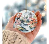 Chinoiserie Pagodes asiatiques Blanc Corail Bleu Souvenir Fleur Oiseau Animal Rond Arbre de Noël Ornement Céramique Élégante Chinoiserie Toile Boule de Noël Orientale Floral Noël pour Vacances
