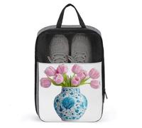 Chinoiserie Vase avec motif tulipes roses bleu sac à chaussures pour voyage usage quotidien sac de rangement anti-poussière pochette à chaussures de golf