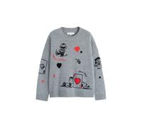Chinti & Parker Pull-over 'Autumn Peanuts '25 Charlie Poker Pals' gris chiné / rouge vif / noir, Taille L