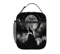 Chintiz Black Moon Wolf Sac à déjeuner isotherme pour enfants, boîte à déjeuner réutilisable avec poche avant en maille latérale, étanche, étanche, pour l'école, les voyages, le pique-nique, la plage