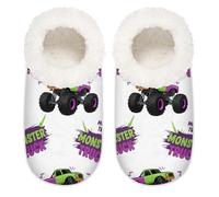 Chintiz Chaussons doux et confortables pour femme et homme - Motif monstre violet - En peluche - Antidérapantes - Dos fermé - Pour chambre à coucher, hiver, intérieur et extérieur, Camion monstre