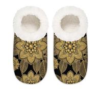 Chintiz Pantoufles douces et confortables pour femme et homme, fleurs dorées, pelucheuses, antidérapantes, dos fermé, chaussures d'intérieur et d'extérieur pour l'hiver, la chambre à coucher