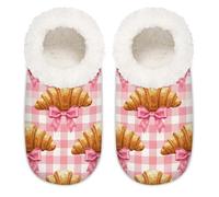 Chintiz Pantoufles douces et confortables pour femme et homme - Motif à carreaux de buffle croissant - Nœud en peluche antidérapante - Dos fermé - Pour l'hiver, la chambre à coucher, l'intérieur et