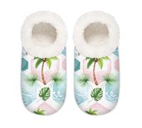 Chintiz Pantoufles douces et confortables pour femme et homme, motif cocotier tropical, vague, pelucheuse, antidérapante, dos fermé pour l'hiver, la chambre à coucher, l'intérieur et l'extérieur