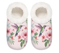 Chintiz Pantoufles douces et confortables pour femme et homme - Motif colibri printanier - En peluche antidérapante - Fermé - Pour l'hiver, la chambre à coucher, l'intérieur et l'extérieur, Fleurs de