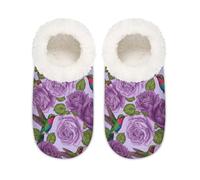 Chintiz Pantoufles douces et confortables pour femme et homme, motif colibri, violet, rose, pelucheuse, antidérapante, dos fermé pour l'hiver, la chambre à coucher, l'intérieur et l'extérieur, Colibri