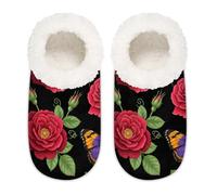 Chintiz Pantoufles douces et confortables pour femme et homme - Motif fleurs et papillons - Antidérapantes - Dos fermé - Pour l'hiver, la chambre à coucher, l'intérieur et l'extérieur, Fleurs et