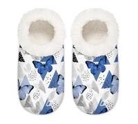 Chintiz Pantoufles douces et confortables pour femme et homme - Motif papillon bleu - Triangle géométrique - Peluche antidérapante - Dos fermé - Pour l'hiver, la chambre à coucher, l'intérieur et