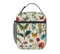 Chintiz Sac à déjeuner isotherme vintage avec illustration botanique pour enfants, boîte à déjeuner réutilisable avec poche avant en maille, sac à déjeuner étanche pour l'école, les voyages, le