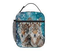 Chintiz Snow Wolf Sac à déjeuner isotherme pour enfants, boîte à déjeuner réutilisable avec poche avant en maille latérale, étanche, étanche, pour l'école, les voyages, le pique-nique, la plage, le