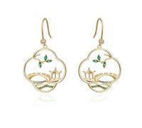 Chiorgone Boucles d'oreilles pendantes en forme de paysage asiatique doré pour femme - Pagode Bridge Scenic Charm avec accents en cristal, bijoux élégants inspirés de la nature