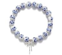 Chiorgone Bracelet de perles en céramique florale bleue et blanche, bijou extensible avec nœud argenté, style chinoiserie vintage pour femme, One Size, Céramique, Pas de pierre précieuse