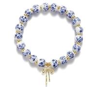 Chiorgone Bracelet de perles en céramique florale bleue et blanche, bijou extensible avec nœud argenté, style chinoiserie vintage pour femme, One Size, Céramique, Pas de pierre précieuse