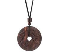 Chiorgone Collier avec pendentif en bois d'agar fait à la main pour homme/femme, pendentif double face sculpté dragon et phénix avec chaîne en corde réglable, bijou de bénédiction bouddhiste cadeau