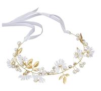Chiorgone Couronne de fleurs de marguerite pour cheveux - Bandeau doré avec perles et cristaux, coiffe florale de mariage pour mariée, filles de fleurs - Nœud ruban (blanc)