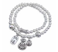 Chiorgone FengShui Bracelet à breloques porte-bonheur en forme de boulier - Bijou extensible en perles argentées avec étiquettes chinoises porte-bonheur (Fu & Zhao Cai) - Cadeau de richesse et de