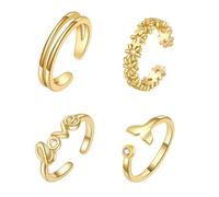 Chiorgone Lot de 4 bagues d'orteil réglables en or pour femme - Jolis bijoux d'été pour pieds de plage - Motif fleur, amour, queue de baleine, double bande, bague d'orteil porte-bonheur pour homme