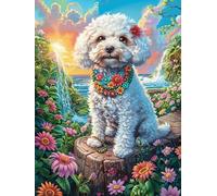 Chiot Bichon Frisé avec Une Guirlande de Fleurs 300 Pieces Casse-tête Famille en Carton Épais Anti-Déchirure Difficulté Moyenne Jeu De Société Anti-Stress Loisir Créatif Pas Cher Premium 300 PCS