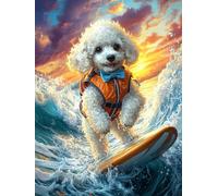 Chiot Bichon Frisé surfant sur une vague 1000 Pièces Puzzle Amateur D'Art En Carton Épais Haute Densité Paysages et science-fiction Difficile Niveau Expert Décoration Murale Idée Cadeau Anniversaire 1