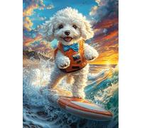 Chiot Bichon Frisé surfant sur une vague 1000 Pièces Puzzle Expert Confirmé En Carton Sans Déformation Faune sauvage et animaux de compagnie Très Difficile Décoration Murale Collection Cadeau Fête Des