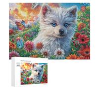 Chiot Blanc dans Le Champ de Fleurs avec des Papillons et des Montagnes Puzzle 300 Pièces pour Couples Soirée À Deux Défi Intellectuel Cadeau pour Saint-Valentin 300 PCS