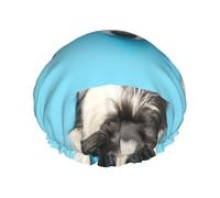 Chiot Border Collie drôle sur fond bleu,Bonnet de douche/bonnet de nuit double couche imperméable et élastique, bonnet de bain réutilisable