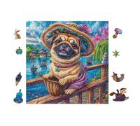 Chiot Carlin avec Chapeau de Paille 100 Pièces Puzzle Adulte en Carton Rigide Haute Densité Difficile Moyenne Anti-Stress Jeu De Société Idée Cadeau Anniversaire Premium 28x28cm