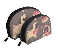 Chiot Carlin De Dessin Animé dans des Lunettes Et dans Un Noeud Papillon, Trousse de Maquillage Coquille Femme Petit Porte-Monnaie Trousse de Toilette Trousse à cosmétiques 2 pièces