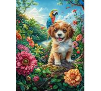 Chiot Cavalier King Charles avec Un Perroquet dans Le Jardin Fleuri Puzzle 300 Pièces pour Adultes Vision Artistique Educa Jeu De Réflexion Cadeau Unique Famille Relaxation Décoration 300 PCS