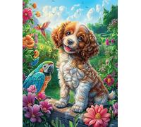 Chiot Cavalier King Charles Spaniel dans Le Jardin Fleuri 1000 Pièces Puzzle Débutant en Carton Anti-Déchirure Facile Apprentissage Anti-Stress Passe-Temps Cadeau Fête des Mères Petit Prix 1000 PCS