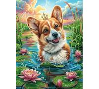 Chiot Corgi dans l'étang de lotus 500 Pièces Puzzle Débutant En Carton Sans Déformation Conte de fées d'accompagnement magique Facile Apprentissage Anti-Stress Passe-Temps Idée Cadeau Saint Valentin P