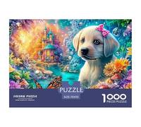 Chiot de Laboratoire avec Arc au Milieu de paysages colorés de Conte de fées Puzzle De 1000 Pièces Chien de Compagnie Mignon Cadeau d'anniversaire Parfait pour Enfants Et Adultes 70x50cm/1000pcs