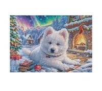 Chiot de Loup près de la cheminée de Noël 300 Pieces Casse-tête Adolescent en Carton Épais Difficulté Moyenne Activité Éducative Cadeau Saint Valentin Pas Cher Anniversaire 300 PCS