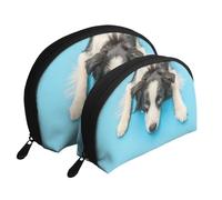 Chiot Drôle Chien Border Collie Fond Bleu, Trousse de Maquillage Coquille Femme Petit Porte-Monnaie Trousse de Toilette Trousse à cosmétiques 2 pièces
