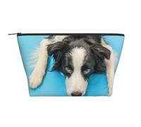 Chiot Drôle Chien Border Collie Fond Bleu, Trousse de Toilette Trousse de Maquillage Sac à cosmétiques Trousse de Toilette de Voyage Portable