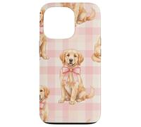 Chiot Golden Retriever avec nœud Rose Motif Vichy Coque pour iPhone 13 Pro