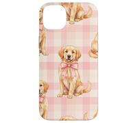 Chiot Golden Retriever avec nœud Rose Motif Vichy Coque pour iPhone 14 Plus