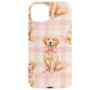 Chiot Golden Retriever avec nœud Rose Motif Vichy Coque pour iPhone 15 Plus