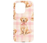 Chiot Golden Retriever avec nœud Rose Motif Vichy Coque pour iPhone 15 Pro