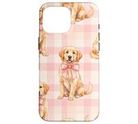 Chiot Golden Retriever avec nœud Rose Motif Vichy Coque pour iPhone 16 Pro Max