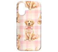 Chiot Golden Retriever avec nœud Rose Motif Vichy Coque pour iPhone 17