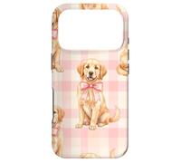 Chiot Golden Retriever avec nœud Rose Motif Vichy Coque pour iPhone 17 Pro